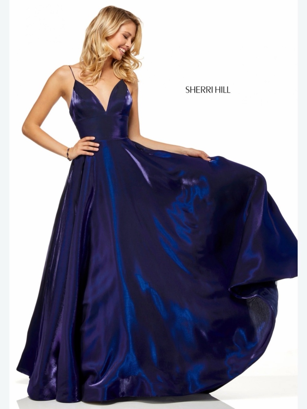 Sherri Hill Metallic Sapphire Blue Spaghetti-Strap Formal Gown
